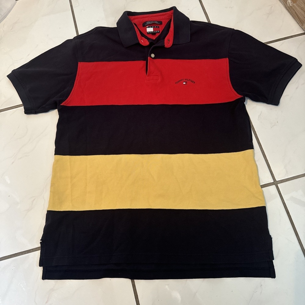 VTG Y2K 90s Tommy Hilfiger Striped Polo Rugby Shirt Sz M Colorblock Embroidered